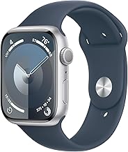 Apple Watch Series 9 [GPS 45mm] Silver Aluminum Case with Storm Blue Sport Band S/M (Renewed Premium)