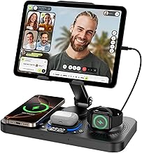 6 in 1 Wireless Charger for Apple Device, 30W Foldable Wired Charging for ipad with Clock & 7 Color Ambient Light, Nightstand Charger Station for iPhone 17/16/15/iWatch Series/AirPods 4/Pro 3(Black)