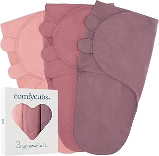 Comfy Cubs Easy Swaddle Blanket, 3 Pack - 100% Cotton Newborn Wrap, Large for 3-6 Months Infants, with Adjustable Velcro, Breathable and Durable Sleep Sack for Babies - Blush, Mauve & Mulberry