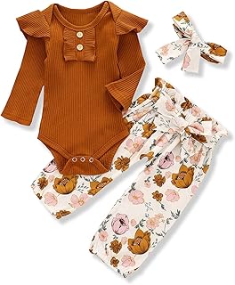 Newborn Baby Girls Clothes Ribbed Ruffled Romper+Floral Pants+Headband Infant Outfit Set