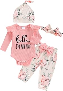 Hello World Newborn Outfit Baby Girl Going Home Outfit Ruffle Ribbed Romper Top Floral Pants Set Cute Summer Clothes