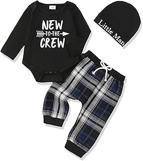 Newborn Baby Boy Fall Clothes, Long Sleeve Letter Printed Rompers Plaid Pants Hat Outfits Clothing Set 0-18 Months