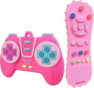AALFA Baby Teething Toy, Soft TV Remote+Game Machine Shape Chew Set Intellectual Development Intellectual Development Educational Toy,Safe Silicone Toddler Infant (Pink (Handle+Remote Control))