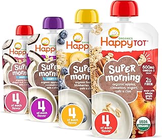 Happy Tot Organics Stage 4 Baby Food Pouches, Gluten Free, Super Morning Fruit & Oat Variety Pack Blend 4 Oz (Pack of 16), Amazon Exclusive