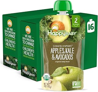 Sponsored Ad - Happy Baby Organics Stage 2 Baby Food Pouches, Gluten Free, Vegan & Healthy Snack, Clearly Crafted Fruit & Veggie Puree, Apples, Kale & Avocados, 4 Ounces (Pack of 16)