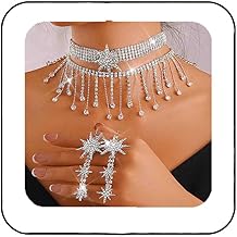 Unicra Rhinestone Choker Necklace Earrings Set Silver Bridal Wedding Jewelry Set Star Crystal Necklaces for Women and Brides