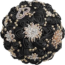 Sponsored Ad - Bride Wedding Bouquet Round Artificial Flower with Crystal Rhinestone Brooch Satin Rose Bridesmaid Holding for Church Wedding Bridal Shower Quinceanera Black