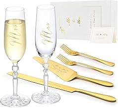 Wedding Cake Knife and Server Set with Forks, Classical Style Crystal Champagne Flutes Toasting Glasses for Bride and Groom, Wedding Gifts for Couples, Engagement and Bridal Shower Gifts