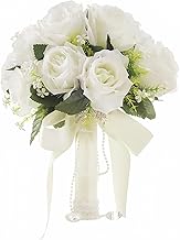 Wowagoga 12 Inch Wedding Bouquet with Pearl Crystals Ribbons,Artificial Rose Flower for Bride Bridesmaids Artificial Fake Flowers Fake Flowers Toss Bouquet for Wedding Party Church(White)