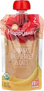 Happy Baby Organics Stage 2 Baby Food Pouches, Gluten Free, Vegan & Healthy Snack, Clearly Crafted Fruit & Veggie Puree, Bananas, Raspberries & Oats, 4 Ounces (Pack of 1)