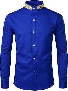 Sponsored Ad - Mens Hipster Gold Embroidery Mandarin Collar Slim Fit Long Sleeve Casual Dress Shirts