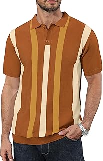Sponsored Ad - Mens Casual Polo Shirts Knit Short Sleeve Vintage Striped Button T-Shirt Slim Fit Golf Vacation Shirt