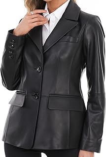 Sponsored Ad - Lambskin Leather Jacket Women,Long Sleeve Button Front Leather Blazer,Notched Lapel Casual Style,Vent Detail