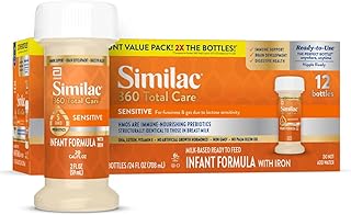 Similac 360 Total Care Sensitive Infant Formula for Fussiness & Gas Due to Lactose Sensitivity, Has 5 HMO Prebiotics, Baby Formula, Ready to Feed, 2-fl-oz Bottle, Pack of 12