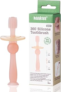 Haakaa 360° Silicone Baby Toothbrush – 100% Soft Food Grade Silicone, BPA-Free, Suction Base, Safe for Babies 6 Months+, Gentle Gum and Teeth Cleaning for Infants, Gum Massager (Pink)