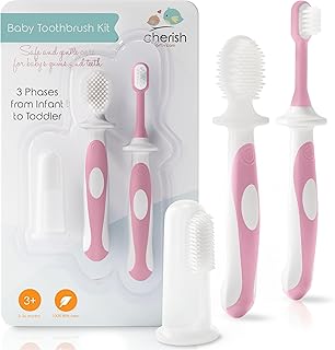 Cherish Baby Care Baby Toothbrush & Toddler Toothbrush Set (0-2 Years) - BPA-Free & Safety-Tested, 2023 Award Winner, Food-Grade Silicone (Pink)