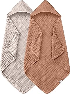 2 Pack Hooded Baby Towels - 100% Muslin Cotton for Newborns, Infants, Toddlers - Large 32x32 Inch Size - Highly Absorbent and Essential for Newborn Care, Light Bean Paste