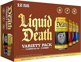 Liquid Death Iced Tea Variety Pack, 12-Pack (12 oz Cans), Low Calorie, Low Caffeine, No Artificial Sweeteners, B12 & B6 Vitamins, 4 Flavors: Dead Billionaire, Rest in Peach, Sweet Reaper, Blueberry Bu