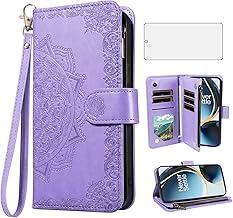 Phone Case for OnePlus Nord N300 5G Cell Wallet Cover with Tempered Glass Screen Protector and Flower Flip Credit Card Holder Slot Stand 1+ N 300 N3005G CPH2389 Women Men Light Purple