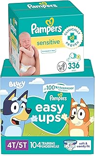 Easy Ups Bluey Pull On Training Pants Boys and Girls, 4T-5T, 104 Count with Sensitive Water Based Baby Wipes 4X Pop-Top Packs (336 Count)