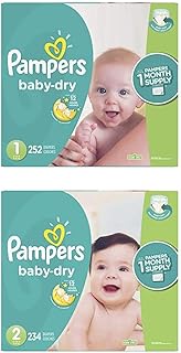 Bundle - Baby Dry Disposable Baby Diapers Sizes 1, 252 Count & 2, 234 Count (Total 2 Month Supply) with Pampers Sensitive Water-Based Baby Wipes, 12 Packs of 72, 864 Count