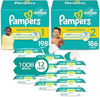 Baby Diapers and Wipes Starter Kit - Swaddlers Disposable Diapers Sizes 1 (198 Count) & 2 (186 Count) With Sensitive Water Based Wipes 12 Flip-Top Packs (1008 Total)