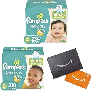 Diapers Size 2, 234 Count - Pampers Baby Dry Disposable Baby Diapers with Diapers Size 3, 210 Count and Amazon.com Gift Card in a Mini Envelope