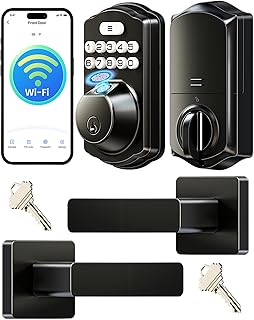 Sponsored Ad - VE012W-L Built-in WiFi Fingerprint Smart Lock with Level Handle Set, App Remote Control, Digital Backlit Keypad Deadbolt, Keyless Entry for Front Door, Voice Assistant, Auto Lock, Matte