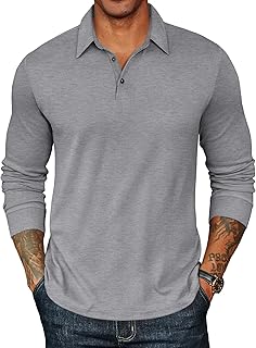 Sponsored Ad - Mens Long Sleeve Polo Shirts Classic Casual Button Polo Tee Lightweight Collared Golf Shirt