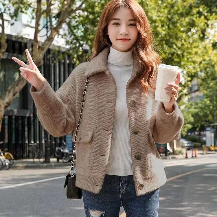 2023 Autumn Winter Women&#039;s Clothing Imitation Mink Fleece Short Jacket Versatile Golden