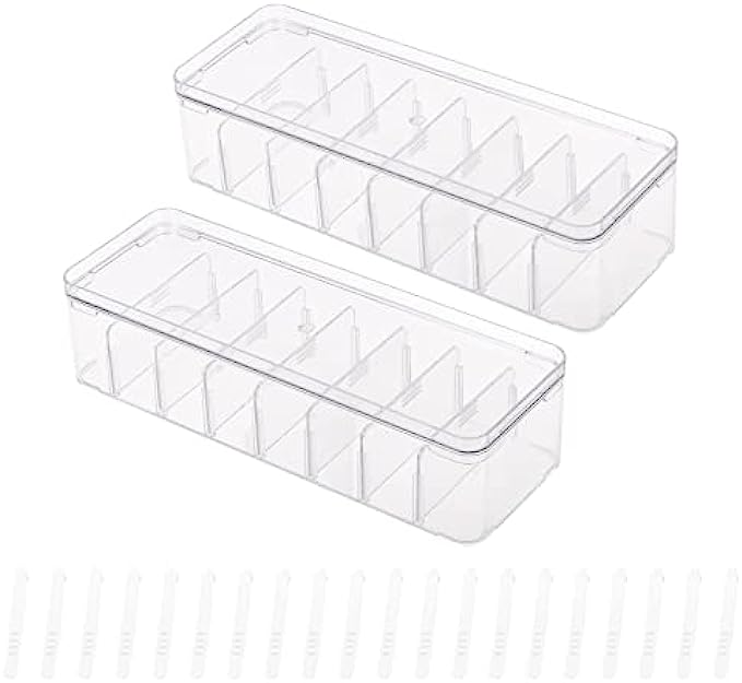 Yesesion 2pcs Clear Plastic Cable Organizer Boxes with Adjustment Compartments, Desk Accessories Storage Case with Lid and 20 Wire Ties for Drawer, Office Supply, Electronic Management (TYPE G-2 PACK)